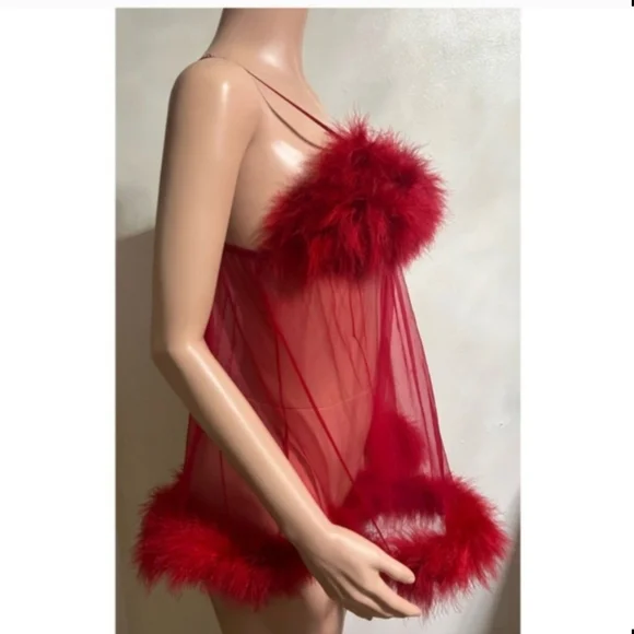 Red Sheer Feather Trim Babydoll - Picture 2 of 8